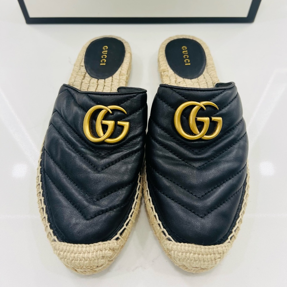 Gucci Black and Gold Quilted Mules